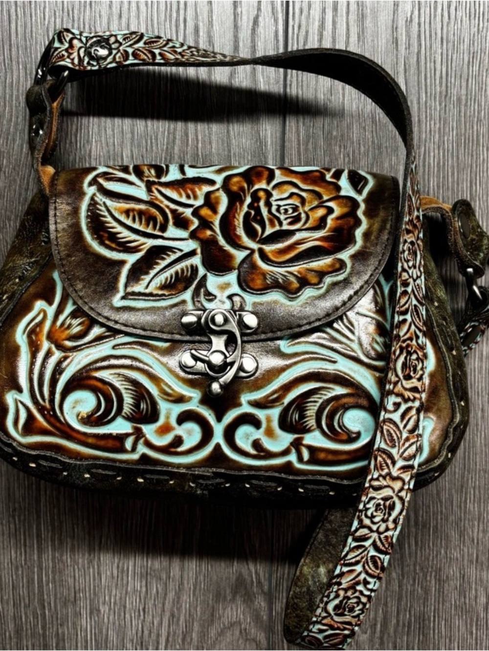 Patricia Nash Brown Turquoise Tooled Leather Floral Shoulder Bag